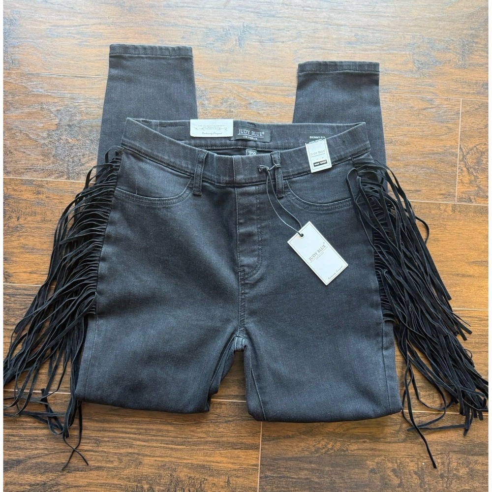 Judy Blue Black Fringe Hips Skinny Jeans High Waist Western Boho Stretch 7/28 - Picture 7 of 8